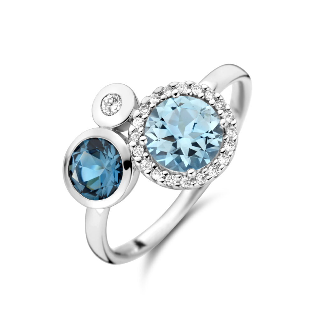 ring london blue topaas, blauw topaas en diamant 0.09ct h si halo