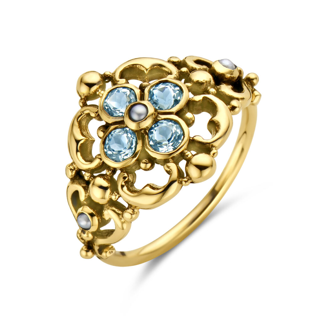 vintage ring filigrain parel en blauw topaas