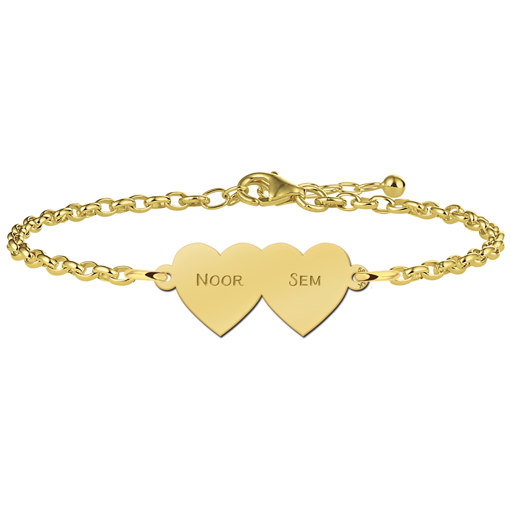 |Armband met Dubbele Naamhartjes | Names4ever | 17 + 3 cm | 14 Karaat goud