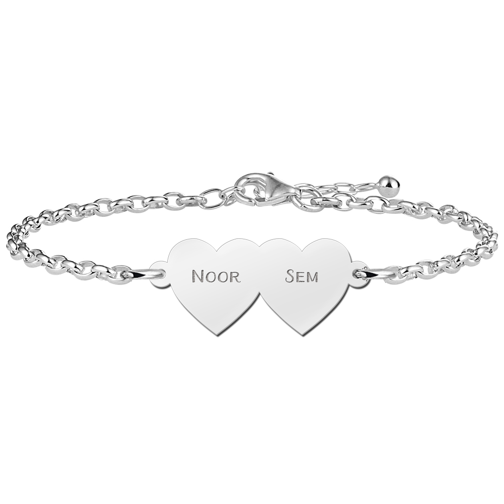 Names4ever Armband met Dubbele Naamhartjes van Zilver