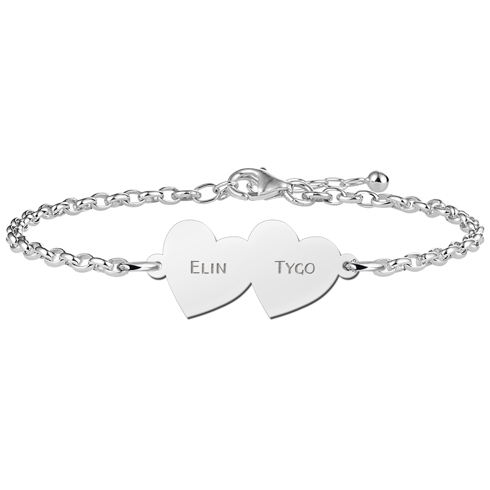 Names4ever Armband met Gekantelde Dubbele Naamhartjes van Zilver