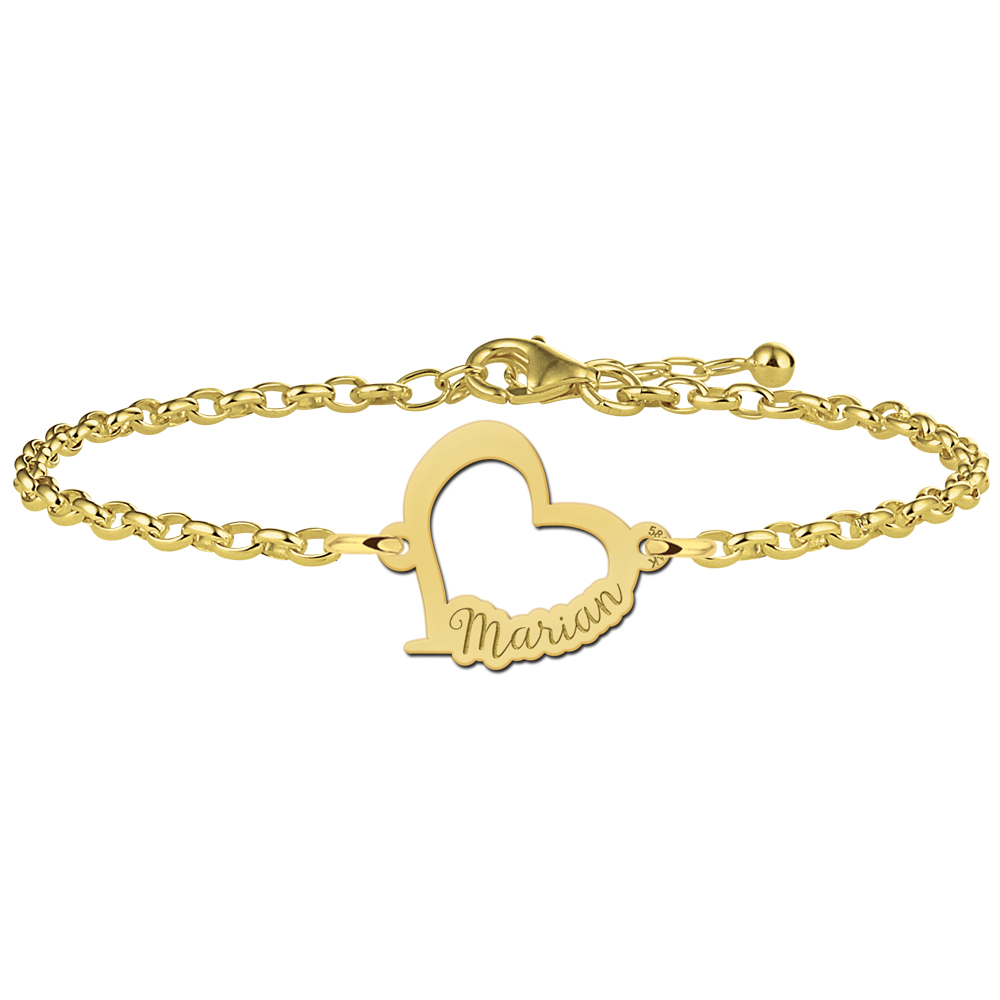 Names4ever Armband met Gekanteld Opengewerkt Naamhartje van Goud
