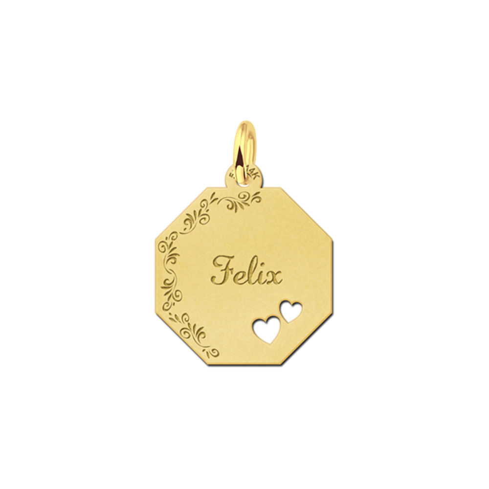 Gouden graveerplaat met bloemrand en 2 hartjes - Names4ever