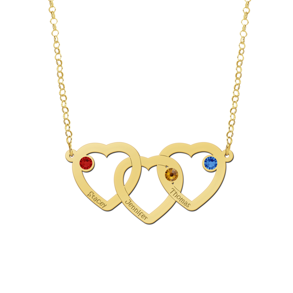 Names4ever Drie Harten met Geboortesteen Naamketting van Goud