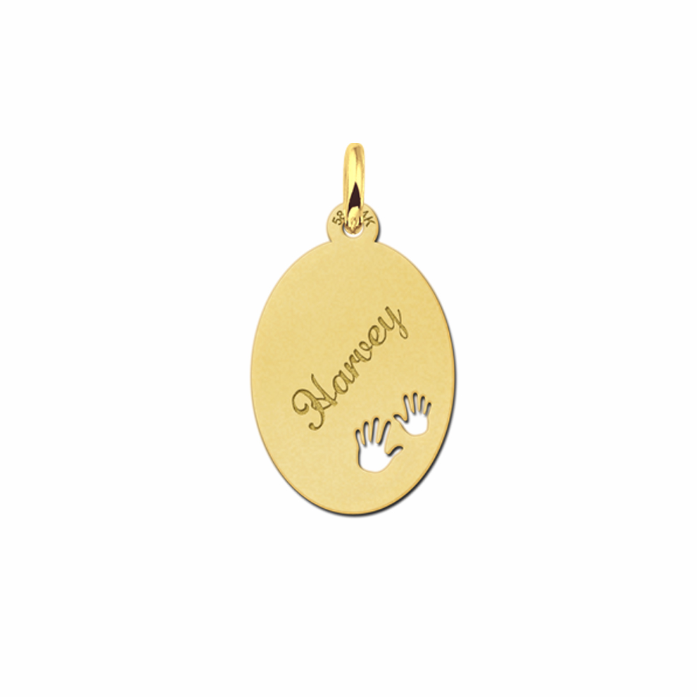 Gouden naamplaatje graveren met 2 handjes. - Names4ever