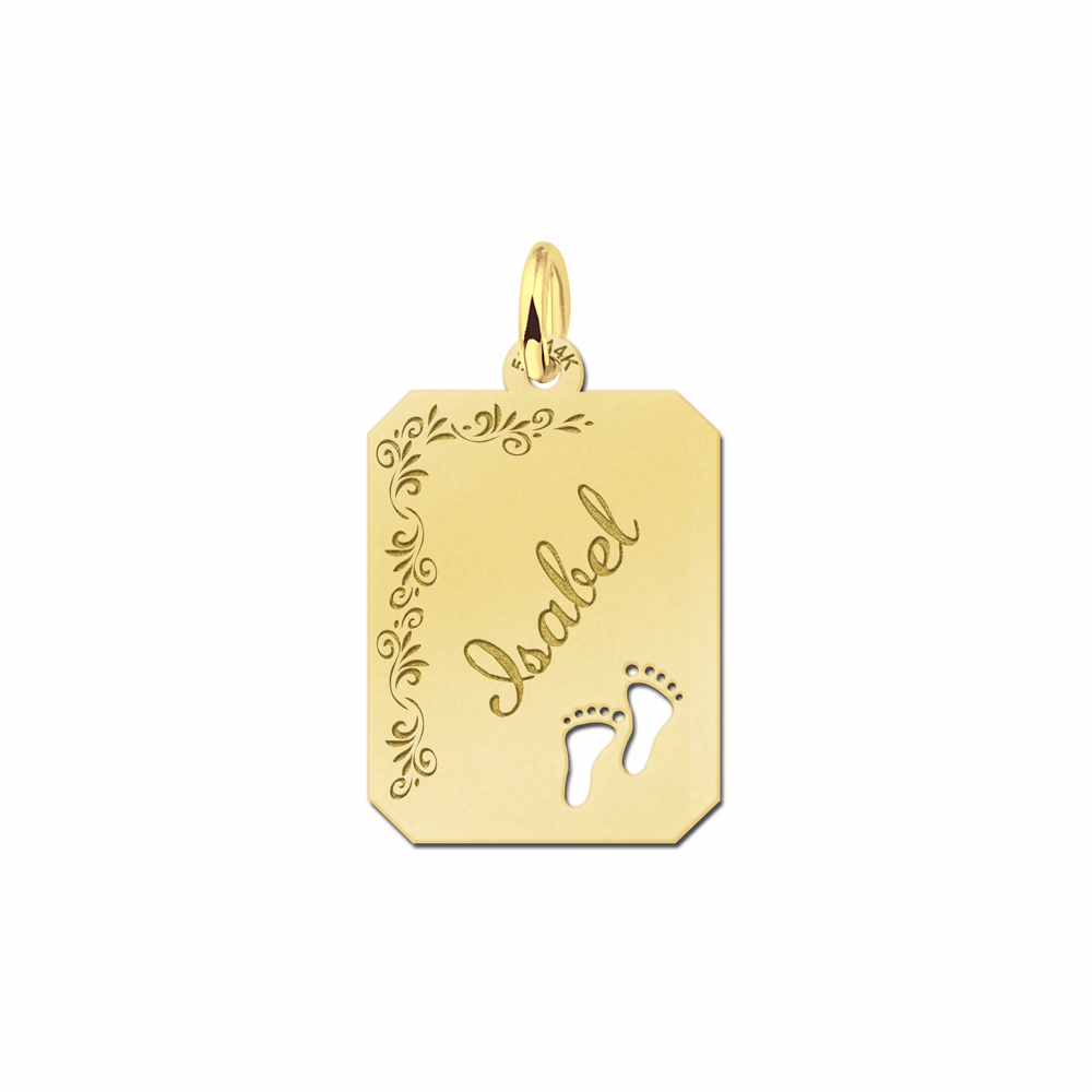 Gouden naamplaatje met bloemmotief en voetjes - Names4ever