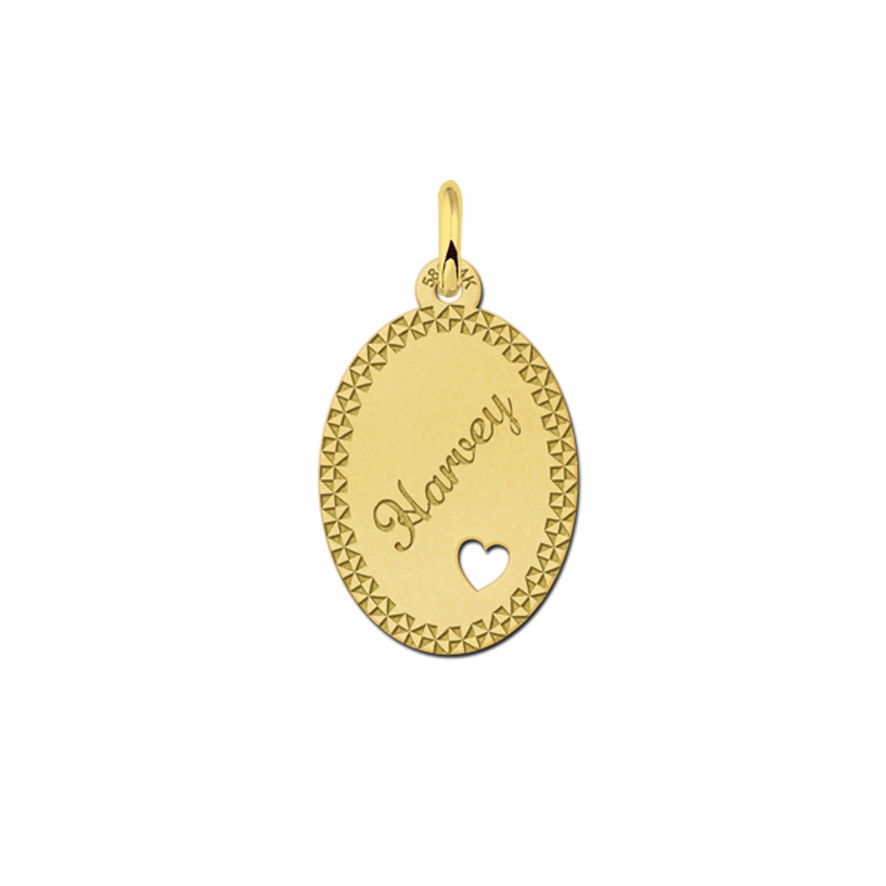 Gouden naamplaatje met sierrand en hart. - Names4ever
