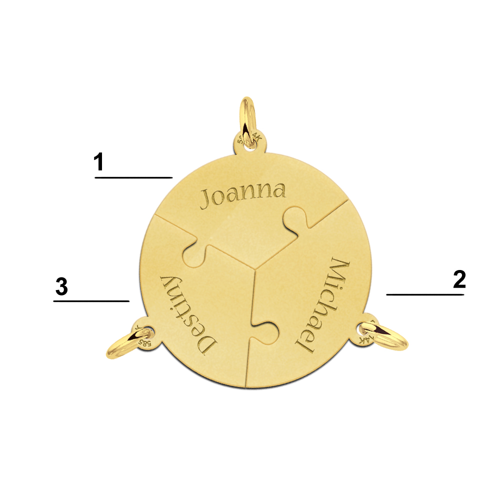 Names4ever Ronde Puzzelstukjes Driedelige Vriendschapsketting met Namen van Goud