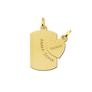 Names4ever Tweedelige Dog Tag en Hartje van Goud met Graveer Namen
