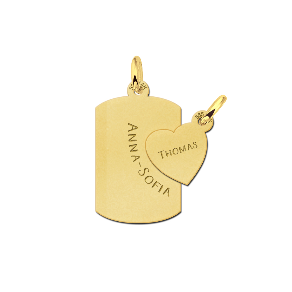 Names4ever Tweedelige Dog Tag en Hartje van Goud met Graveer Namen