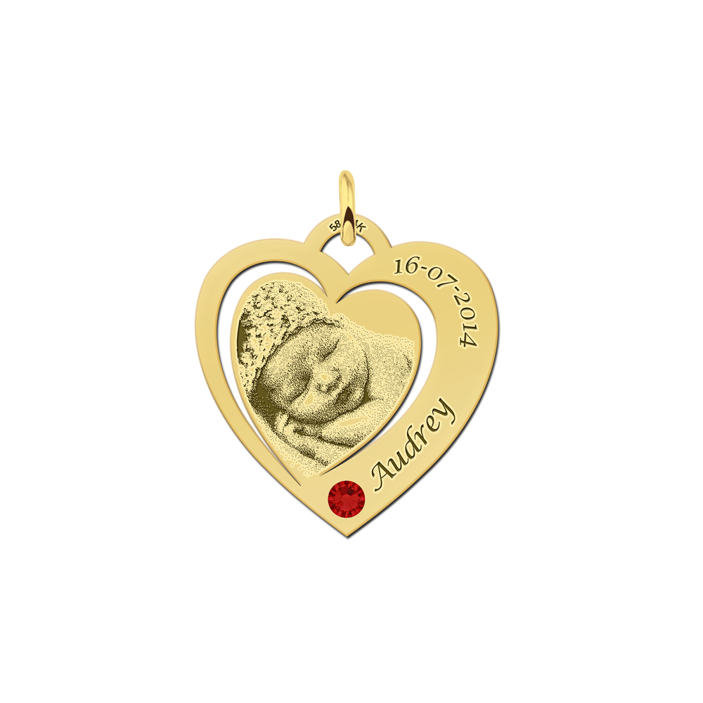 Gouden hanger met fotogravure en geboortesteen | 14 karaat | Gepolijst
