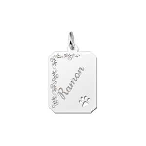 Naamsieraad zilver recht met bloemrand en pootje - Names4ever