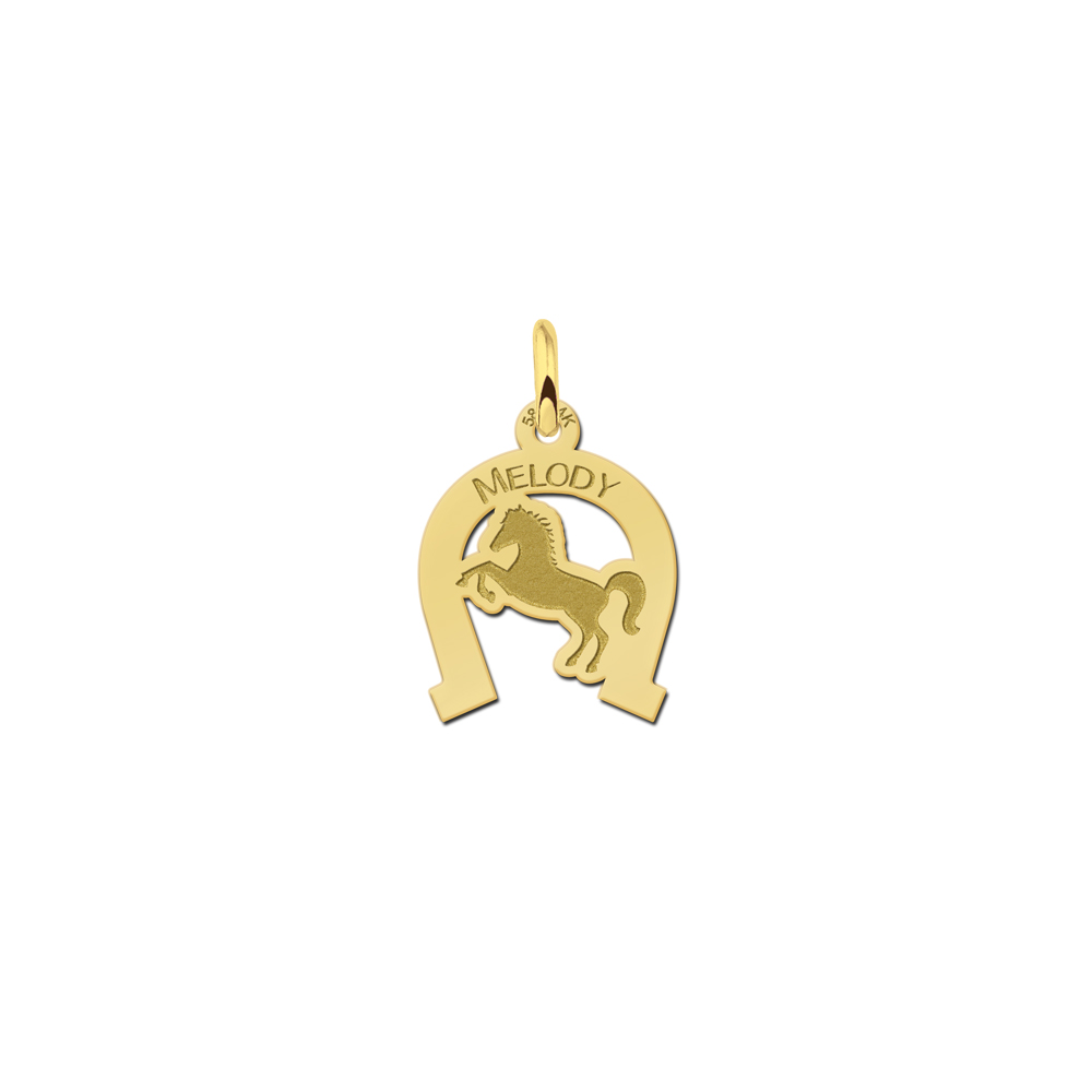 Paarden hanger met hoefijzer en gravure van goud - Names4ever