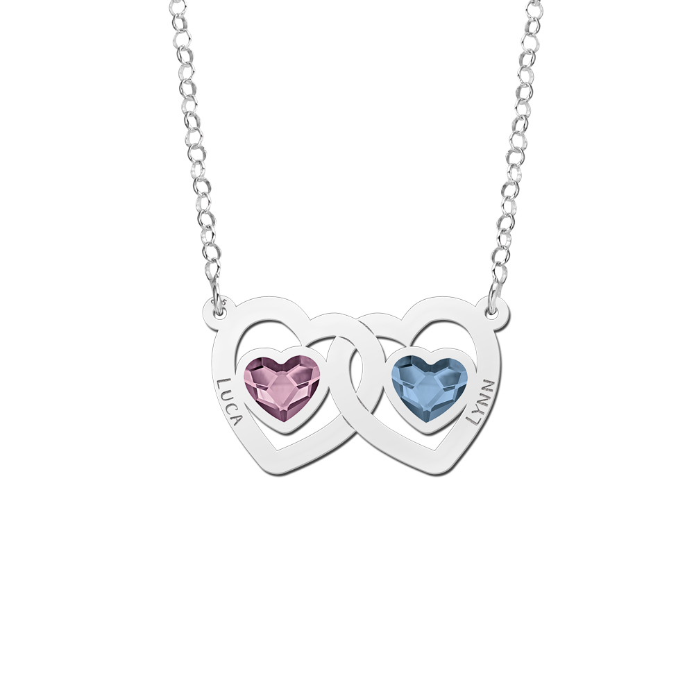 Zilveren Familie ketting met hartjes swarovski steen - Names4ever