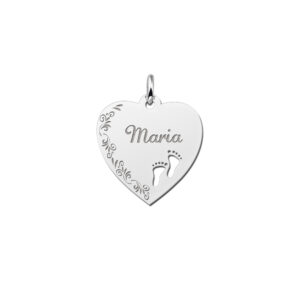 Zilveren graveerplaatje hart met bloemrand en voetjes - Names4ever