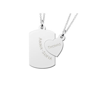 Names4ever Tweedelige Dog Tag en Hartje Vriendschapshanger met Graveer Namen
