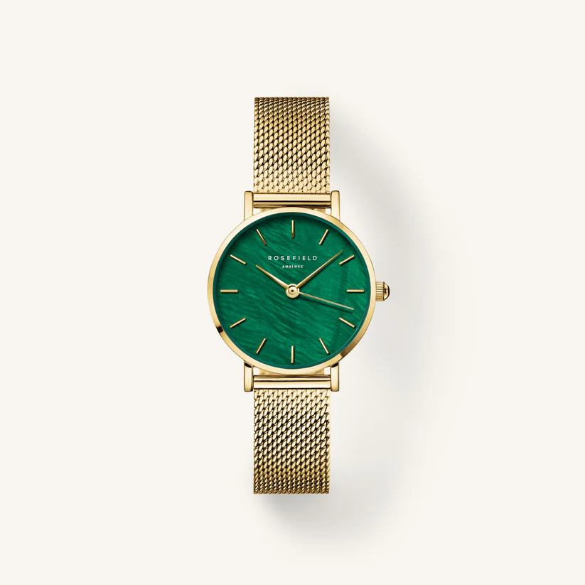 Gouden Rosefield small edit horloge met emerald wijzerplaat