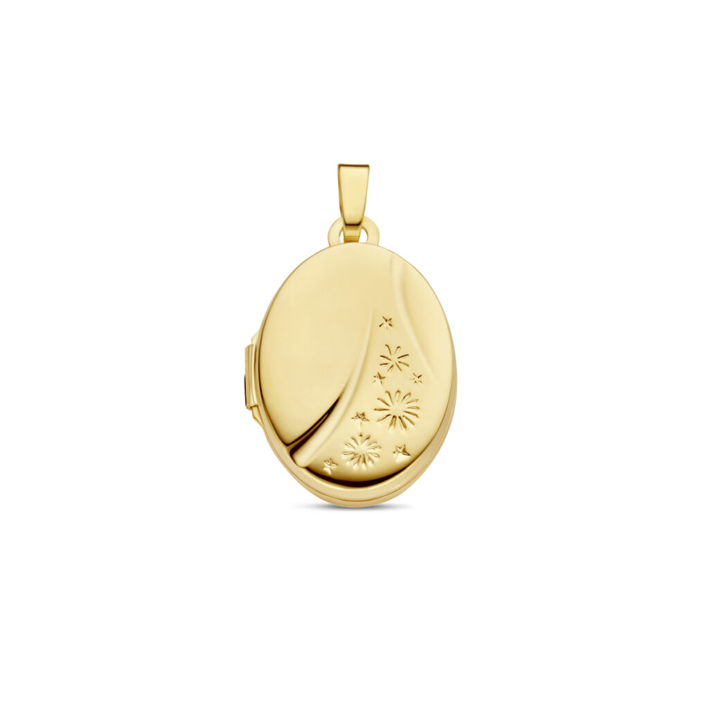 Gouden ovaalvormig foto medaillon met gravering | Geelgoud | 18 x 14 mm | 14 karaat