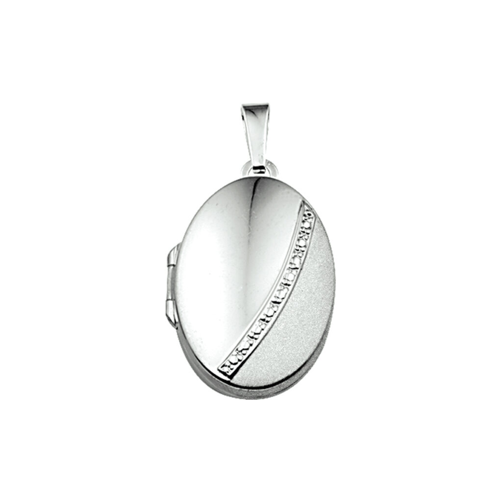 Zilveren medaillon ovaal met decoratieve strook | Gerhodineerd 925 zilver | Gepolijst en gematteerd