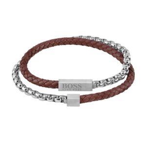 Gevlochten leren armband met edelstalen ketting van Hugo Boss