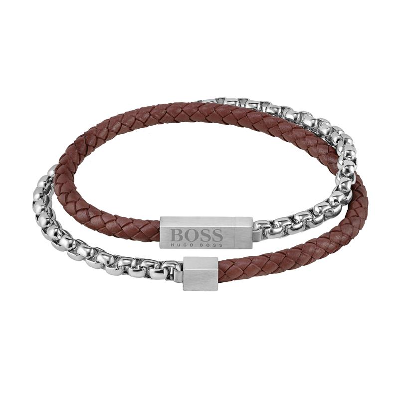 Gevlochten leren armband met edelstalen ketting van Hugo Boss